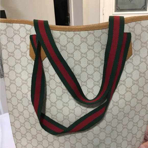 Gucci Cream and Tan Tote with Green and Red Straps - Picture 7 of 8